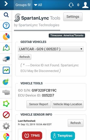 SpartanLync Tools Mobile TPMS/Temptrac Main Screen